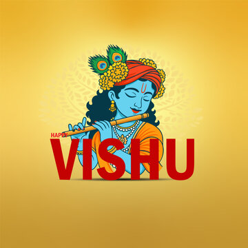 Happy Vishu festival greeting with Lord Krishna playing flute on golden background, vector illustration