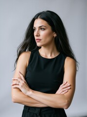 Fototapeta premium Confident young brunette woman with arms crossed looking away. Vertical portrait of a female professional in black sleeveless top on grey background