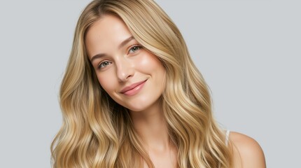 Naklejka premium Close-up portrait of a smiling young woman with natural makeup and long wavy blonde hair. Female model with glowing skin on grey background. Skincare and wellness concept