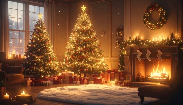 A cozy, warm living room setting showcasing festive holiday d?cor with decorated trees, a fireplace, and gifts