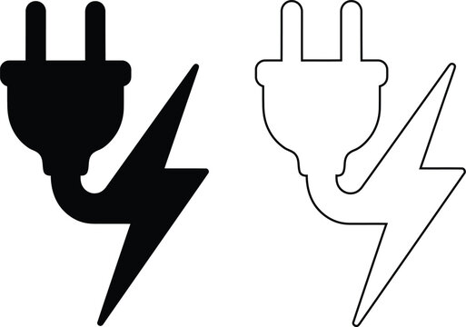 Vector icon set features an electric power plug connected to a lightning bolt cable for energy charging in clean solid black silhouette and linear outline styles.