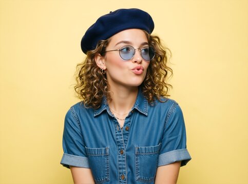 Young woman in blue beret and sunglasses pouting against yellow background. Stylish female with curly hair in denim shirt. Playful fashion portrait