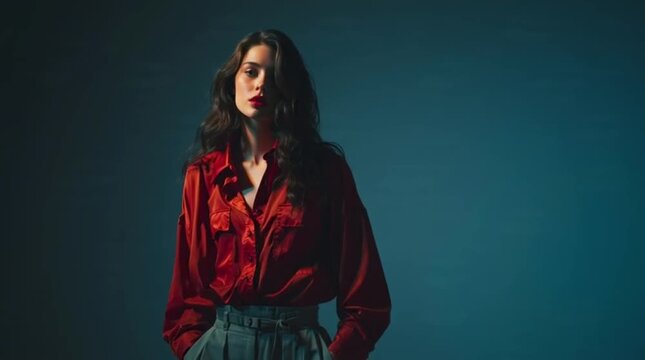 Young woman laughing joyfully in red coat against dark blue background