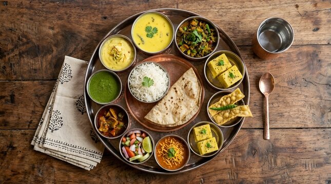Traditional Gujarati Thali Meal with Multiple Dishes