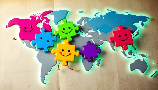 Colorful puzzle pieces with smiley faces on world map