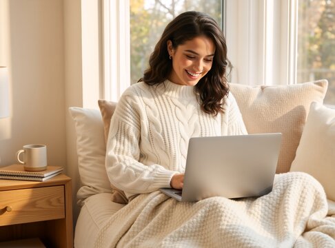 Smiling woman using laptop while sitting in bed with cozy blanket. Happy female working from home in white cable knit sweater. Remote work and lifestyle concept
