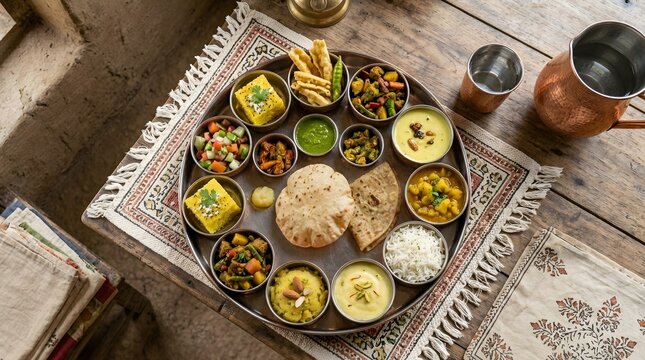 Traditional Gujarati Thali Meal with Multiple Dishes