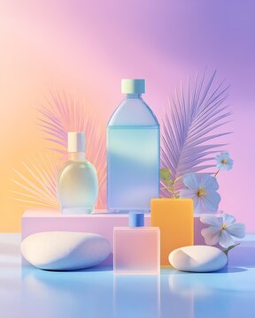 Pastel still life of skincare bottles, soap bar and smooth stones with palm leaves and white flowers on sculpted platforms