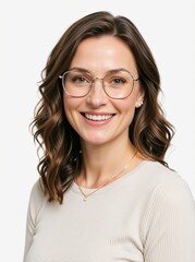 Obraz premium Smiling woman with glasses and wavy brown hair looking at camera. Professional headshot of female model in beige sweater. Eyewear and vision concept