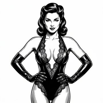 Confident woman in lace bodysuit and long gloves, vintage pin-up glamour portrait, sketch engraving vector illustration.