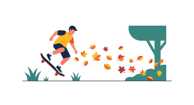 Illustration of young man skateboarding through fallen autumn leaves, with a tree in the background, isolated on