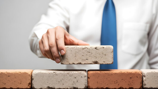 Businessman placing brick building foundation business concept
