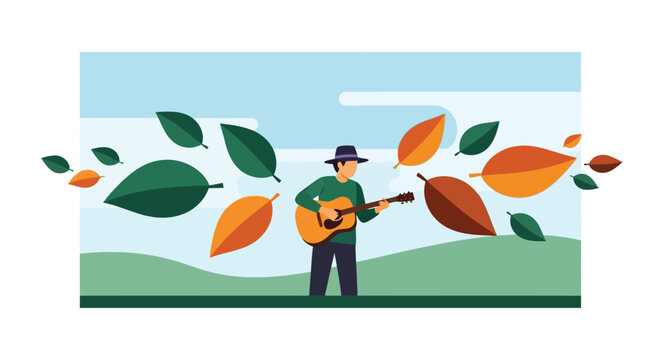Illustration of man wearing a hat playing guitar in a windy landscape with falling leaves, isolated on