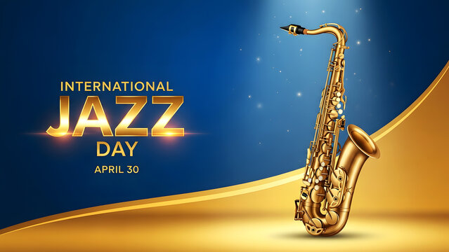 Golden saxophone on blue and gold abstract background jazz