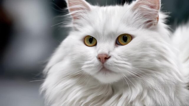 Fluffy white cat with an alert expression exploring a cozy indoor space during the afternoon