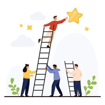 Business people cooperate using ladders to reach a star symbolizing success teamwork achievement and support on an isolated white background for motivation and leadership vector illustration