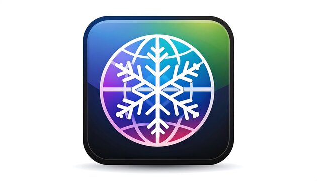 A colorful, rounded square icon featuring a globe with gridlines and a snowflake symbol in its center, with a glossy effect