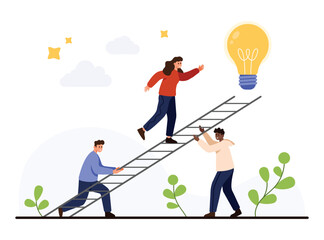 Fototapeta premium People supporting each other on a ladder to reach a lightbulb symbolizing teamwork, support, creative solution, and idea achievement on an isolated white background vector illustration
