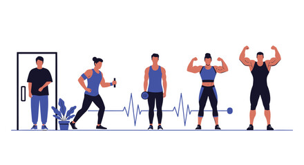 Fototapeta premium Fitness, workout, exercise, healthy lifestyle, vector icons, athletic, sports, wellness illustrations, 5 people