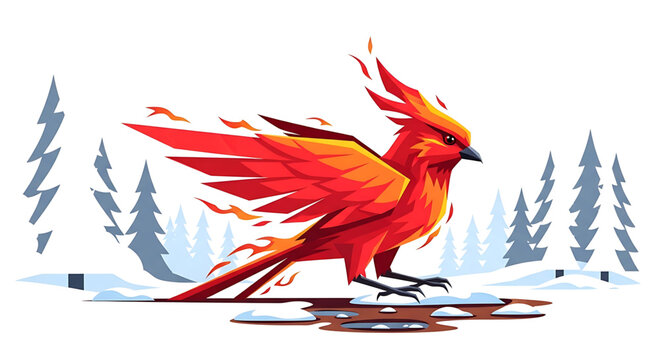 A vibrant phoenix bird illustration in a winter landscape with snow and pine trees