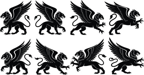 Naklejka premium Griffin Logo Set, Black and White Lion with Wings, Mythical Creature Symbol for Fantasy, Heraldic Designs, and Illustrations