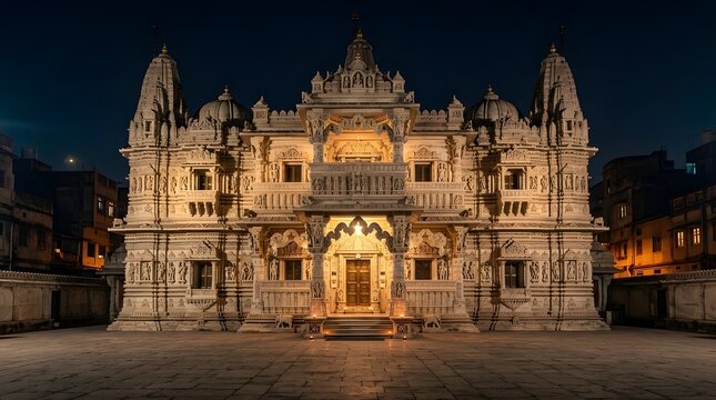 Palace-like Jain Temple Architecture with Stone Carvings at Night, Surat