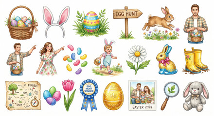 Obraz premium Easter Egg Hunt Family Moment Watercolor Clipart Vector