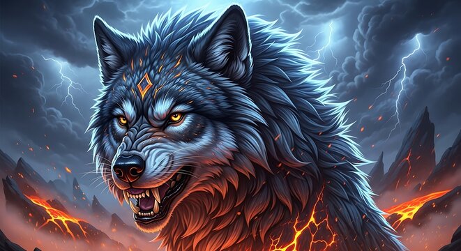 Majestic wolf with fiery accents a powerful and intimidating digital art portrait