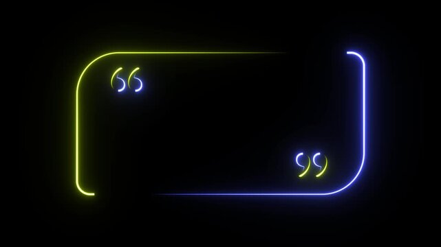 Glowing neon quote frame animation with blue and yellow speech marks on black abstract looping background