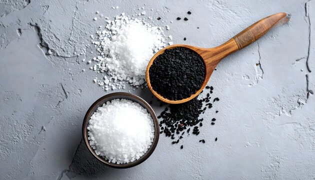 Coarse sea salt and black cumin seeds arranged on a textured gray surface