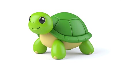 Fototapeta premium A cute, cartoon-style turtle character with a green shell, legs, and head. It has a smiling face and is against a clean, white background