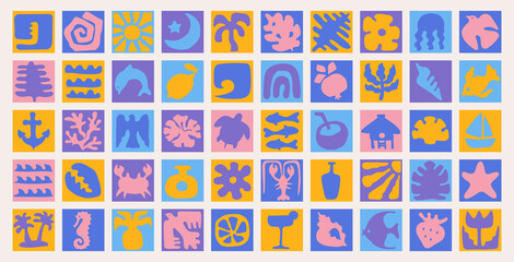 Fototapeta premium Set of abstract marine elements in boho style. Silhouettes of plants and animals. Exotic flora and fauna, hand drawn drawings with uneven contours.