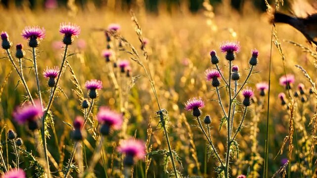 American robin bird taking flight from thistle flower meadow in warm golden sunlight at sunset