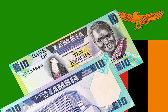 Banknote 10 kwacha Zambia with portrait of President Kenneth Kaunda, fragment for design. Money of Zambia and Africa. Flag of zambia.