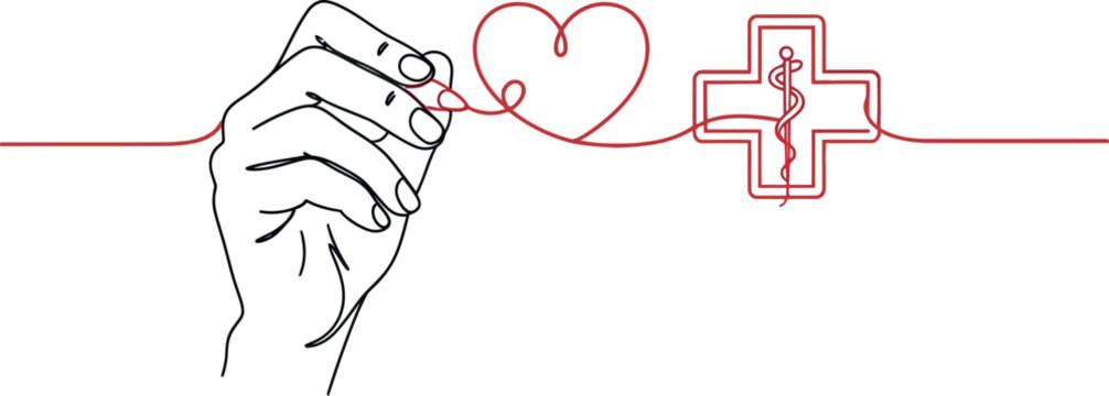 Human hand drawing a continuous line that forms a red heart shape and a medical cross with a caduceus symbol representing care and health services