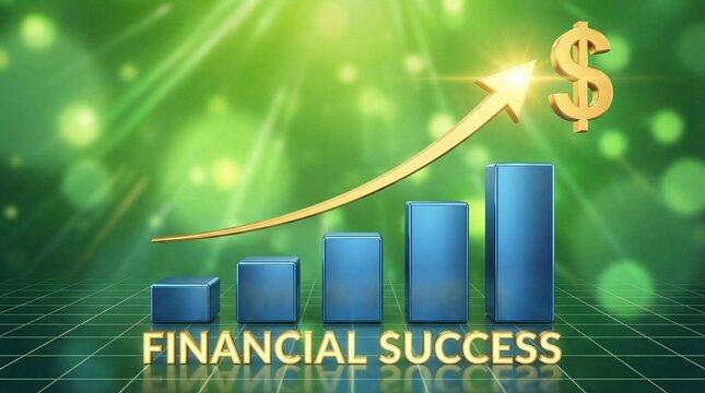 Stylized financial growth graphic with ascending blue bars, golden arrow, and dollar sign on vibrant green background with text &ldquo;FINANCIAL SUCCESS.&rdquo;