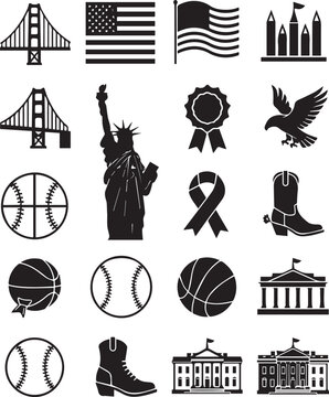 American Landmarks And Sports Silhouette Icons Vector Collection Set