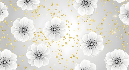 Seamless pattern of white flowers with gold confetti