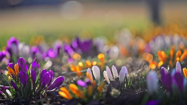 Spring crocuses in full bloom on meadow, gentle light, fresh and peaceful 4K slow motion footage