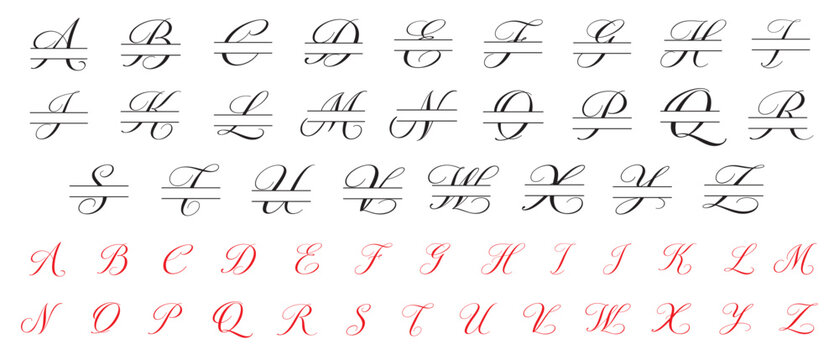 Elegant calligraphic alphabet and monogram set with decorative split letters. Classic luxury script typography collection, perfect for logos, wedding design, branding, invitations and monograms.