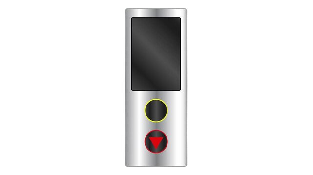 Silver elevator indicator going up animation with glowing green arrow moving upward continuously and button flickering on white background and green screen. 4K animated for lift indicator overlay.