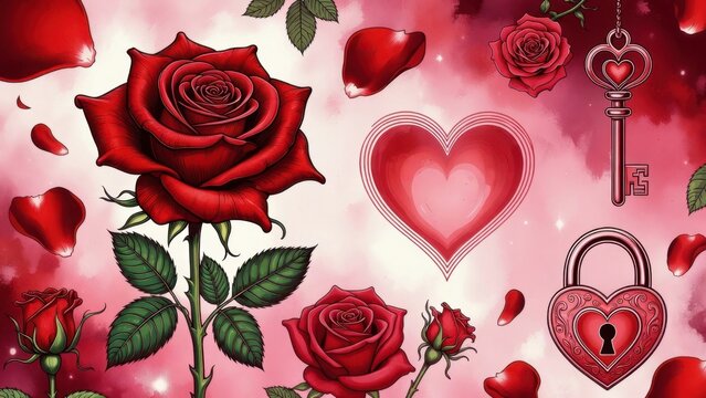 Red roses with heart lock and key on pink romantic background