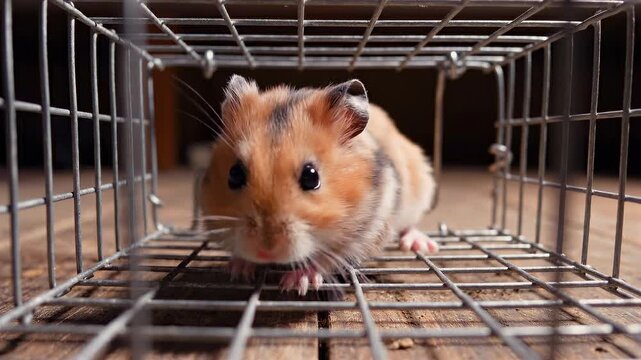 small mouse entering metal cage trap close-up, rodent crawling inside baited trap on wooden floor, pest control concept, household infestation risk and capture process