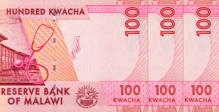 100 Malawian Kwacha banknote featuring the College of Medicine in Blantyre and a stethoscope. Money of Malawi. African paper money background.