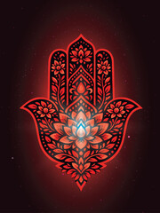 Fototapeta premium Ember Lotus Hamsa Flame of Protection. A glowing redorange Hamsa with intricate floral and leaf patterns radiates from a central lotus motif. 