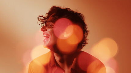 Joyful young person laughing with eyes closed, surrounded by swirling warm orange and red luminous bokeh, depicting euphoria, emotional release, celebration and inner freedom concept.