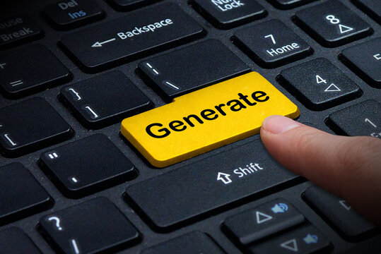 A yellow keyboard button with " Generate " text. A human finger pressing a bright yellow key labeled Generate on a standard black computer keyboard to initiate action