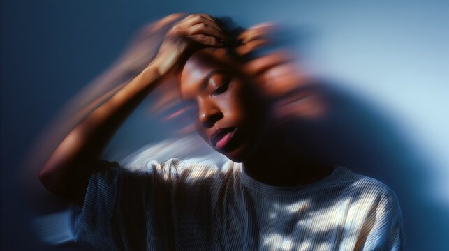 Young Black woman holds head, overwhelmed by anxiety and stress, dark swirling motion blur conveying depression, emotional struggle, mental disorder, and psychological tension.