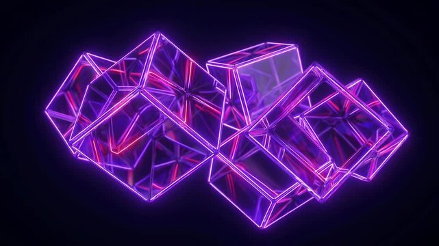 Slow motion tracking dolly pan of neon glass cubes rotating and colliding while floating in dark studio background