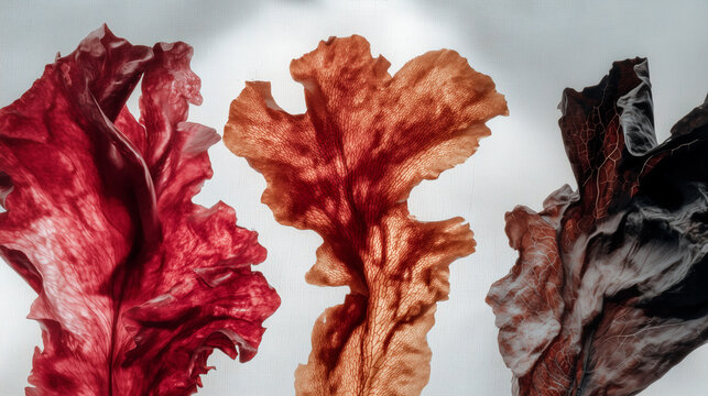 Three dried organic Atlantic dulse red seaweed leaf pressed on white background in soft diffused light showing delicate vein texture. Perfect for culinary and nutraceutical concepts.